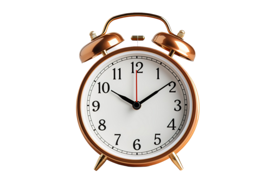 A Copper-Tone Alarm Clock Glowing in the Midday Sun on a Clear PNG or White Background.