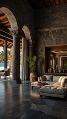 Luxury Villa Living Room with Stone Arches and Ocean View