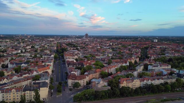 Berlin skyline Bundesplatz, sunset dramatic clouds. Majestic aerial view drone