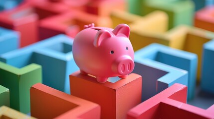 Pink Piggy Bank on Stack of Gold Coins in Colorful Maze, Balancing Savings and Spending