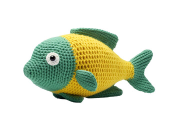 A Hand-Knit Yellow and Green Fish Toy on a Clear PNG or White Background.