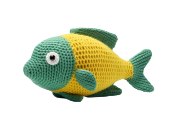 A Hand-Knit Yellow and Green Fish Toy on a Clear PNG or White Background.