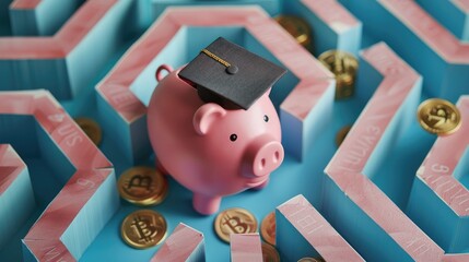 Pink Piggy Bank with Graduation Cap in Maze Surrounded by Diplomas and Gold Coins