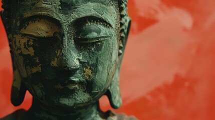 Buddha Statue Close-Up with Red Background Buddhist Amulet for Meditation and Spiritual Tranquility