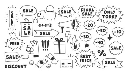Sale Doodle Set. Hand drawn advertisement design elements in line comic style. Piggy bank text speech bubbles line icons. Isolated vector illustration