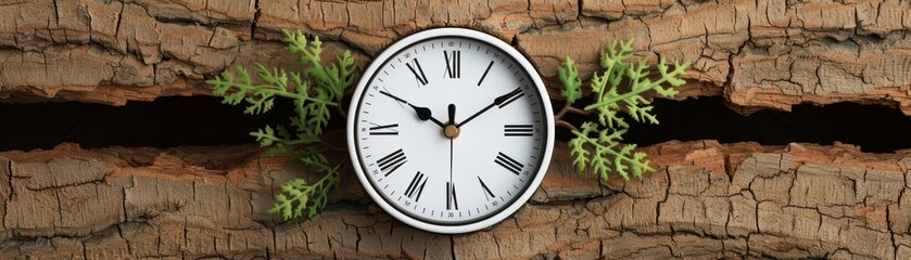 Analog clock embedded in cracked tree trunk with green leaves symbolizes the passage of time and nature's resilience.