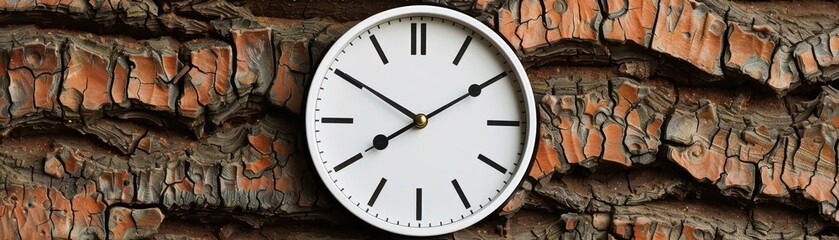 Analog wall clock with black numerals and hands mounted on a textured tree bark background, blending nature and time concepts.
