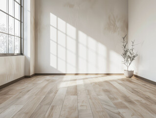 Empty room interiors in warm neutral colors with day lighting, minimal furniture and copy space. Conceptual Interiors design composition image for Real Estate