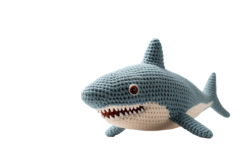 A Gentle Crochet Shark Smiles for the Camera on a Clear PNG or White Background.