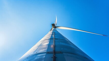 A low-angle shot captures a wind turbine against a blue sky, emphasizing its height and sleek design.