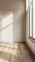 Empty room interiors in warm neutral colors with day lighting, minimal furniture and copy space. Conceptual Interiors design composition image for Real Estate