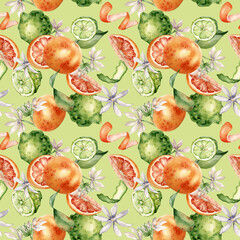Mixed citrus fruits with white flowers watercolor seamless pattern isolated on neutral. Hand drawn grapefruit, bergamot with bright orange green peel in botanical sketch style for package, print