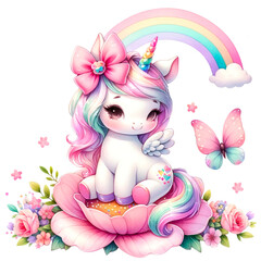 Adorable unicorn illustrations with pastel rainbows, flowers, and hearts, perfect for children’s decor, birthday themes, or magical designs.

