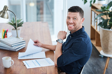 Finance documents, portrait and businessman in office for company investment contract with wealth...