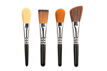 Four Diverse Makeup Brushes for Flawless Application on a Clear PNG or White Background.