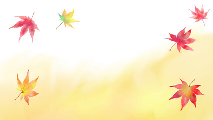 水彩で描いた秋のカラフルな紅葉のフレーム　ベクターイラスト　背景バナー　16:9