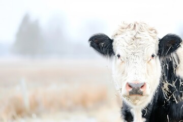 Obraz premium Cows Eating Hay in a Winter Farm Paddock for Agriculture and Animal Husbandry