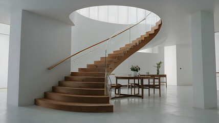 a wooden stair case in a white room, Brown wooden stairs in a modern house