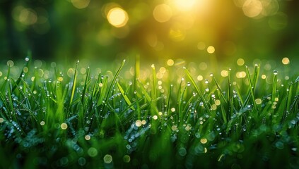 Obraz premium Dewy Grass Blades with a Sunlit Background