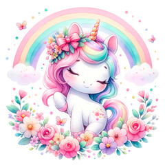 Adorable unicorn illustrations with pastel rainbows, flowers, and hearts, perfect for children’s decor, birthday themes, or magical designs.

