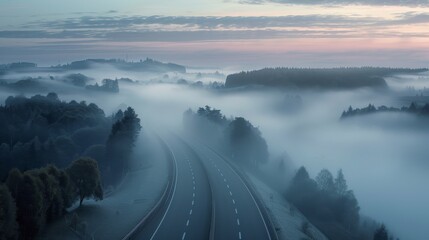Highway winding through foggy landscape with rolling hills at dawn with soft light