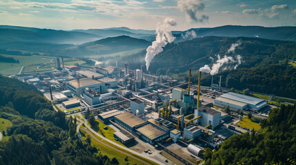 Obraz premium Large Industrial Complex with Smoke Surrounded by Forested Hills