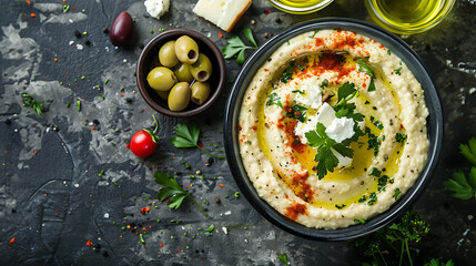 Top view Greek hummus with veggies, olives, feta simple photography