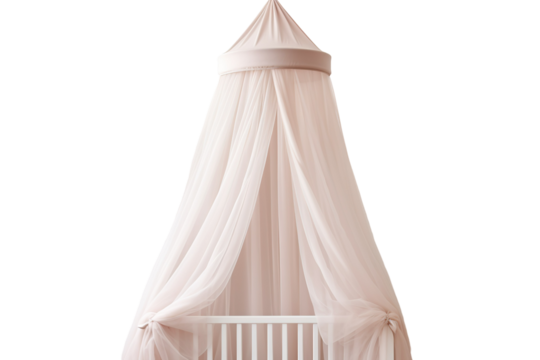 A Delicate Blush Canopy Drapes Over a White Crib, Creating a Sanctuary of Tranquility on a Clear PNG or White Background.