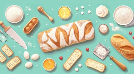 Bread baking top view, flat design, cartoon style, bakery theme, pastel colors
