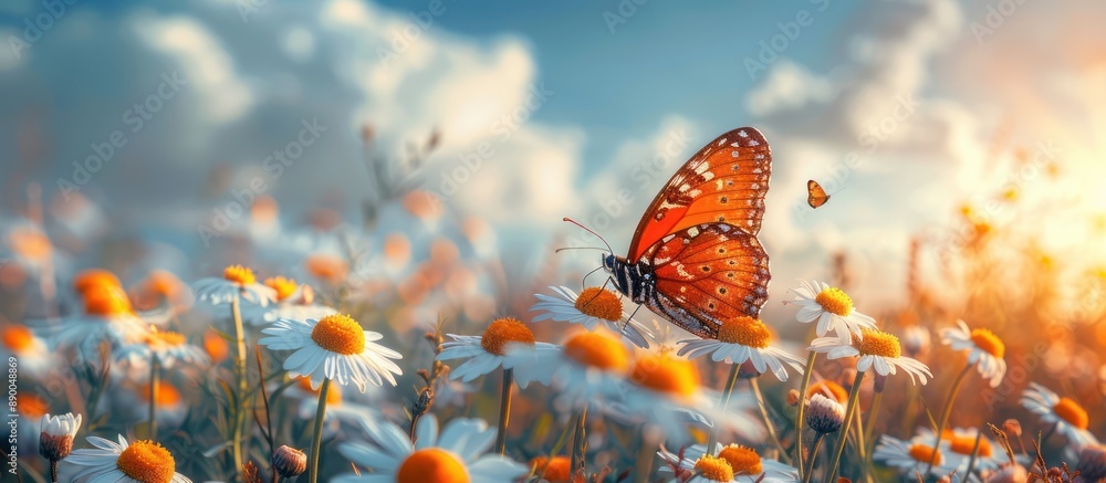 Canvas Prints Butterfly on a Meadow of Daisies in Sunlight