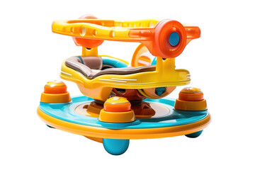 A Bright Yellow Baby Walker With Orange and Blue Accents Ready for Exploration on a Clear PNG or White Background.