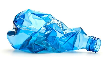 Blue plastic bottle crumpled, isolated on white background.