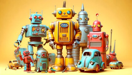 Fototapeta premium Robots Adorables y Aventuras en el Mundo de Fantasía, Fotografía hiperrealista, Ilustración 3D