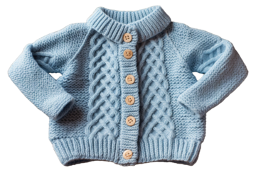 A Baby Blue Knit Cardigan With Intricate Cable Patterns and Wooden Buttons on a Clear PNG or White Background.