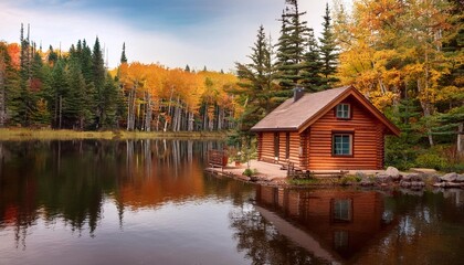 secluded lake house with stunning water reflections and autumn scenery, peaceful lake