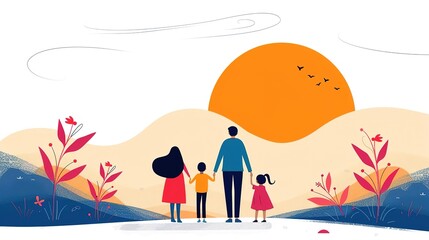 Family of four standing together watching the sunset.