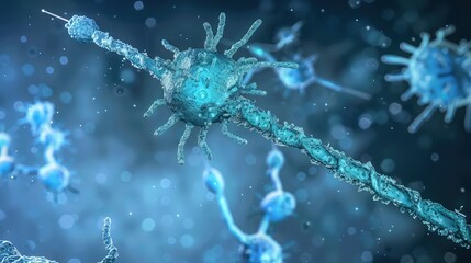 Microscopic view of a glowing nerve cell axon surrounded by myelin sheath structures illustrating neurological science concepts against a dark blue background.