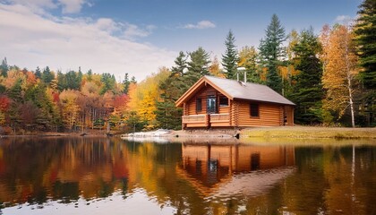 peaceful lake getaway surrounded by vibrant fall foliage, peaceful lake