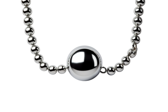 A Single Silver Orb Suspended on a Gleaming Chain of Polished Beads on a Clear PNG or White Background.