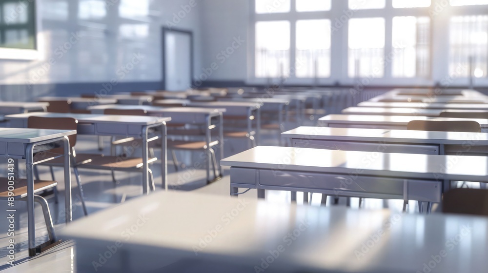 Aufkleber create a fresh and clean classroom background with desks neatly arranged, all surfaces shiny and cle