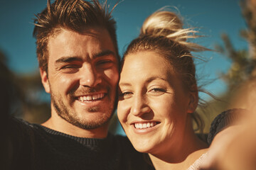 Fototapeta premium Couple smile, portrait selfie and outdoor bonding with relax, summer hike and memory for photo album. Happy man, woman and profile picture together for social media, hiking date and morning in nature
