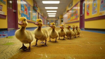 A line of fluffy ducklings follows a leader down a brightly lit school hallway for educational or conceptual marketing visuals.