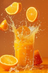Flying orange slice falling into overflowing glass of juice creating splashes isolated on orange background, Freshly squeezed orange juice in to go packaging,Real shot,food concept.