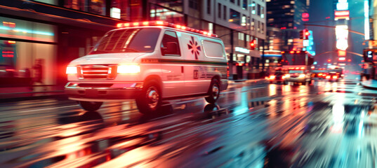 An ambulance speeds through a city street at night, its flashing lights illuminating the wet pavement as rain pours down