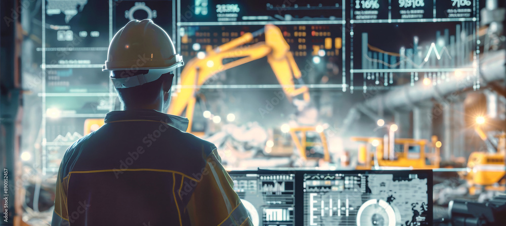 Poster a construction worker in a futuristic setting stands in front of a large holographic screen displayi