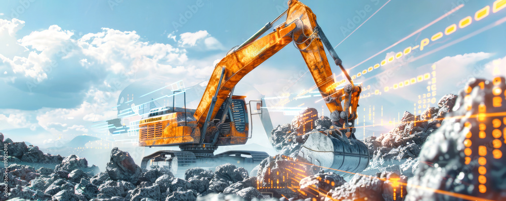 Poster an orange excavator on rocks, with data visualizations of graphs and numbers overlaying the scene, s