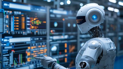 A humanoid robot interacts with a digital interface, representing the future of technology.