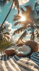 Ripe Coconuts on Striped Fabric Under Bright Sunlight Tropical Summer Theme for Posters and Prints