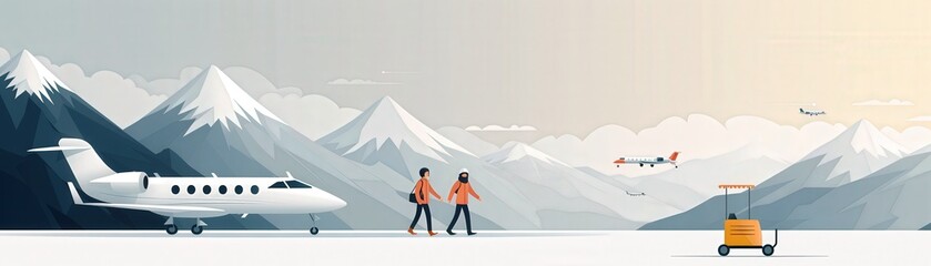 Fototapeta premium Two travelers walking on an airport tarmac with a mountain backdrop, airplanes, and luggage cart in a serene winter setting.