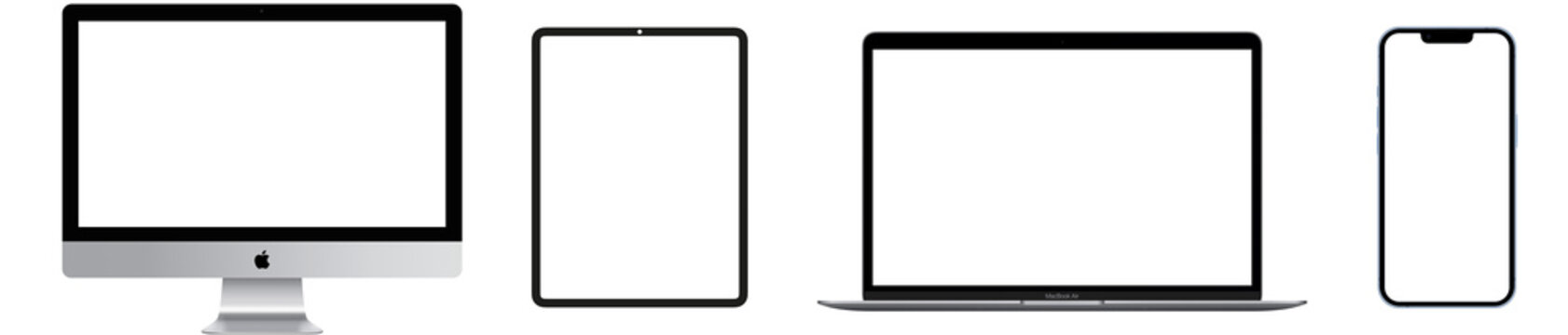 Realistic set of apple devices in a row of iPhone, iMac, iPad, Macbook pro, Monitor, laptop, tablet, smartphone vector for mockup, mock-up. Editable dummy mock up for presentation